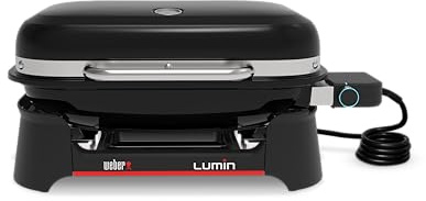 Weber Lumin Electric Grill, Heats Up to 315°C, with Lid Thermometer, Porcelain-Enamelled Cast Iron Grates, 33 x 49 cm Cooking Area, Black (1502013)