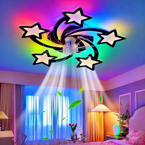 Ventilatore da Soffitto con Luce RGB Telecomando App Lampadario Ventilatore Dimmerabile Reversibile Plafoniera Ventilatore 6 Velocità Silenzioso Luce Notturna Funzione di Memoria per Soggiorno, Nero