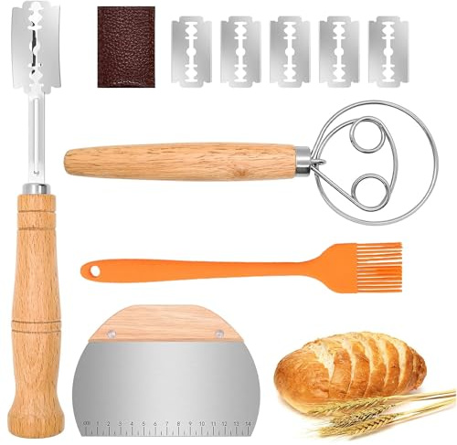 Set de 4 Lame Boulanger - incl. Grignette Boulangerie avec 5 Lames Réchanges & Housse de Protection, Fouet Danois, Grattoir à Pâte, Pinceau, Accessoires pour Faire du Pain, pour Baguette,Pâte,Pain DIY