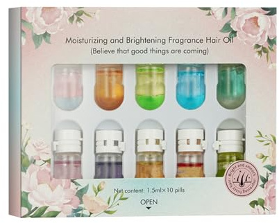 Hair Perfume Oil for Women, 10 Count with 10 Fragrances Nourishing Hair Serum for Shine & Long-Lasting Scent, Portable Mini Oil Capsules for Dry Frizzy Damaged Hairs Daily Care