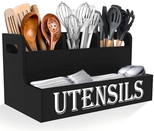 Suli Grand support d'ustensiles de cuisine à 2 niveaux avec 3 compartiments, organiseur d'ustensiles en bois blanc pour comptoir de cuisine, décoration de cuisine rustique, ustensiles de cuisine noir