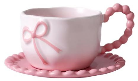Huipalon Bow Cup and Saucer Set 350ml Pink Bow Ceramic Coffee Mug Cute Mug Gifts for Women Girl Daughter Sister Bestie Friends Birthday Preppy Pink Stuff for Home School Office Use