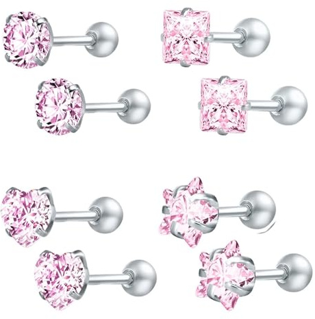 Clou Boucle D'Oreille Acier Inoxydable, Boucle D'Oreille Argenté Bagues Rondes/Étoiles/Cœurs/Carrées de 3/6mm Avec Zircon Cubique Bijoux