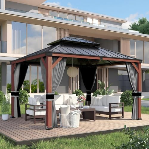 UDPATIO 3 x 3.65 m Holzmaserung Gartenpavillon Wasserdicht Stabil Winterfest-Verzinkter Stahl Doppeldach Aluminium Hardtop Pavillon mit Moskitonetz und Vorhänge für Garten, Terrasse, Rasen, Grau