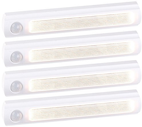 Luminea Schranklicht Batterie: 4er-Set Batterie-LED-Schrankleuchten, PIR- & Lichtsensor, 6000K,0,6 W (LED Beleuchtung Schrank, Schrankbeleuchtung, Akku Schrankleuchte mit Bewegungsmelder)