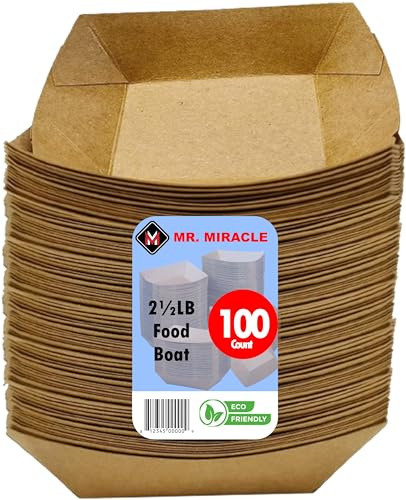 Large Paper Food Boats, Kraft Brown Paper Food Trays. Large (2.5 LB). 100 Pack, Disposable, Recyclable Serving Boats. for Condiments, Snacks & Concession Food, Grease Resistant 5.5X7X1.5 Inches