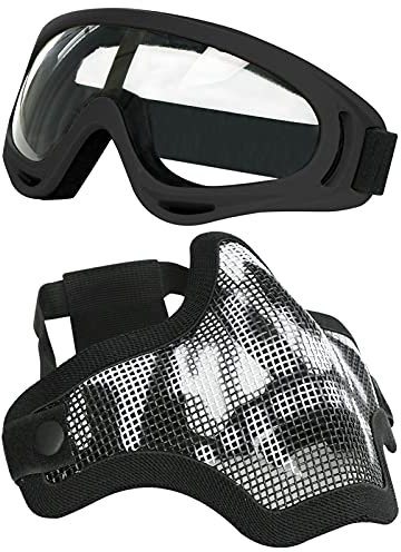 AOUTACC Airsoft Mask and Goggles Set, Half Face Full Steel Mesh Mask and Goggles for CS/Hunting/Paintball/Shooting (Black with Pattern)