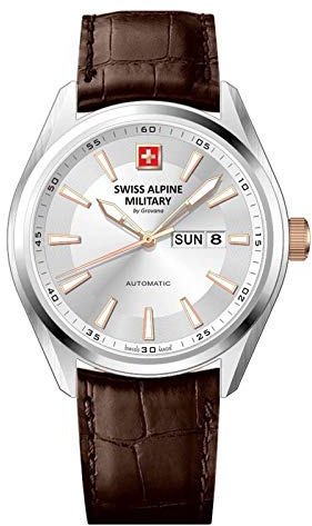 swiss alpine military by Grovana Orologio da uomo con cinturino in pelle ETA 2836-2 automatico vetro zaffiro 10 ATM DayDate 7090.2528SAM, Argento/Rosa/Cinturino in pelle, cinghia