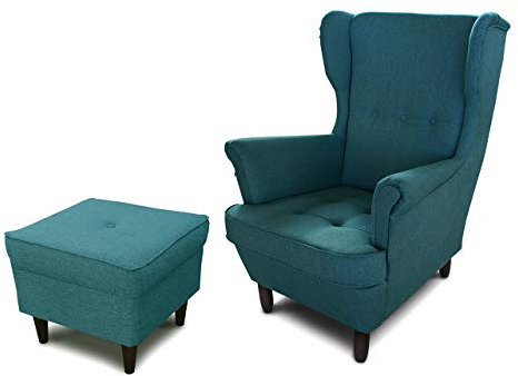 Ohrensessel Sessel King - Lounge Sessel mit Armlehnen - Retro Stuhl aus Stoff mit Holz Füßen - Polsterstuhl für Esszimmer & Wohnzimmer (Blau (Inari 87), mit Hocker)