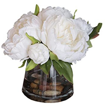 TOMYEUS Kunstblumen Künstliche Rosen weiße Blumen, gefälschte Pflanzen mit Vase, Seidenblumenstrauß Arrangements Hochzeit Tisch Mittelstücke Dekoration Fake Blumen (Size : Small)