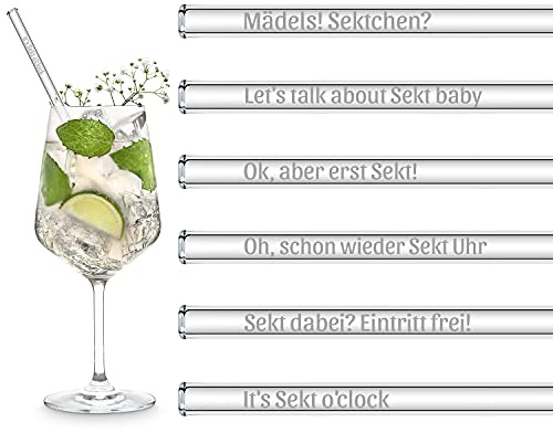 Sekt Geschenk Glasstrohhalme Lustige Sprüche | 6x 20cm Strohhalme für Sektgläser mit Gravur | Champagner Gläser Geschenkset | Glas mit Gravur Sekt Geschenk für Frauen