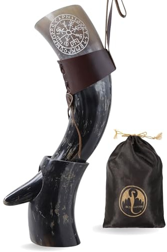 OLDEMPEROR Viking Drinking Horn - 12 Inch with Viking Compass Engraved & Leather Holster | Handmade Beer Cup | Food Grade | Unique Genuine Ox Horn| Natural Shine Finish| Viking Gift for Men & Women