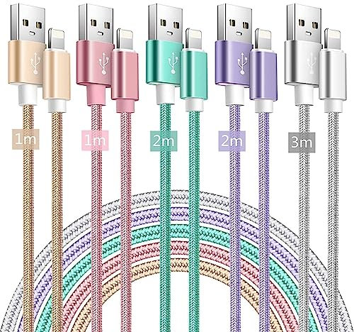 iPhone Ladekabel,5Pack 1m/2m/3m [Apple MFi Zertifiziert] iPhone Schnellladekabel 2.4A USB A zu Lightning Kabel Langes Nylon Geflochten für iPhone 14 Pro Max 13 12 11 XR XS X 8 7 6 6s Plus SE -5 Farben