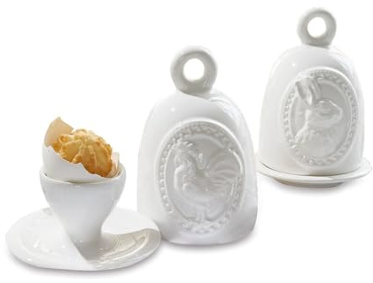 LOBERON Eierbecher 2er Set Celestyn, kunstvoll verziert, mit abnehmbaren Deckeln, französischer Landhausstil, Ostertafel, Tischdekoration, Küchenzubehör, Polyresin, weiß