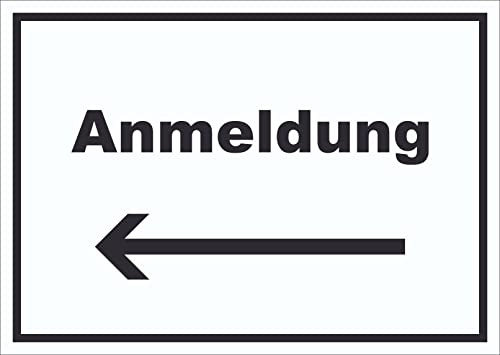 HB-Druck Anmeldung Schild mit Text und Richtungspfeil Links Aufnahme waagerecht A5 Rückseite selbstklebend
