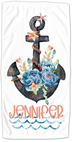 GRAZDesign Badetuch, Duschtuch mit Namen personalisiert, für Kinder und Erwachsene, Zwei Größen (70 x 140 cm, Anker und Blumen)