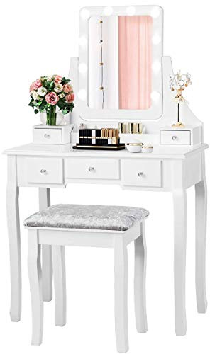 GYMAX Toeletta da Trucco, Set Tavolo e Sgabello con 10 Lampadine, 5 Cassetti per Cosmetici, Luci e Specchio Regolabile, Specchiera Rimovibile, Filo di 1,5 M, 80x40x135,5 cm, Bianco