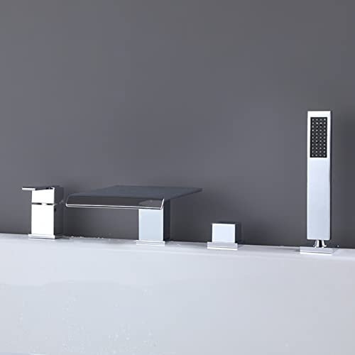 XJTNLB Badewannenarmatur Wasserfall 4-Loch Wannenrandarmatur Wannenkombinationmischbatterie Badewanne mit Brause-Chrom