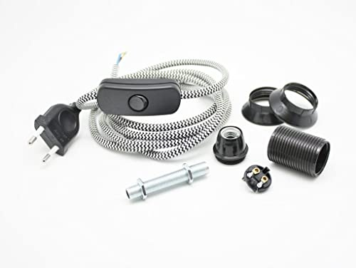 Lampenfassung E14 Set – Textilkabel, Gewinderohr & Fassungsteile – Schwarz – Hanna's Laden – DIY Lampe – Elektrofassung zur Selbstmontage – Inkl. Montageanleitung