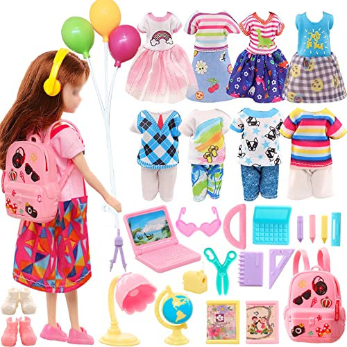 28 PCS 6 inch Doll Clothes Accessories Compatible with Chelsea, 3 Girl Dresses 3 Boy Outfits Mini Ballons and 19 Pcs Study Supplies 2 Pair of Shoes in Random Birthday Gifts for Kids