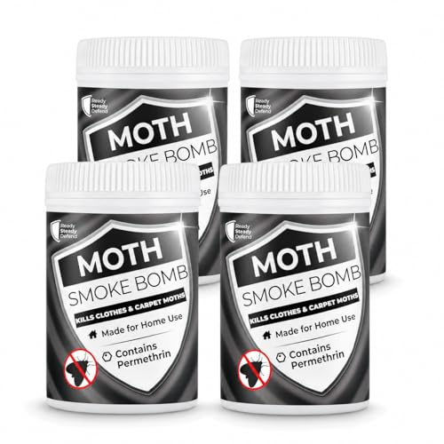 Moth Smoke Bombs (Pack of 4) 13.25% Permethrin - Maximum Strength Carpet Moth Killer, Quick & Efficient, Thorough Coverage, Essential for Moth Treatment, Clean & Non Staining