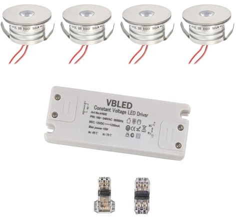 VBLED® 4er Set 3W Mini-Einbauspot Einbaustrahler warmweiß 3000K IP44 12V DC Warmweiss Inkl.LED Trafo und Verbinder Unbegrenzte Möglichkeiten: Terrasse, Bad, Wohnbereich