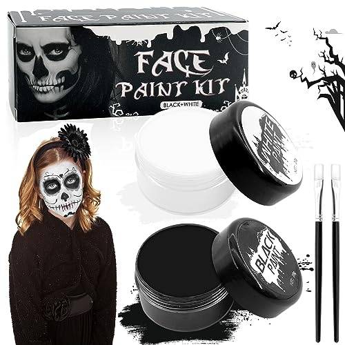 TOPJOWGA Halloween Schminke Schwarz Weiß, Gesicht Body Painting Öl Schwarz Weiße Farben mit 2 Pinseln, Makeup Set, Gesicht Farbe Körperbemalung, Body Paint für Halloween Clown Cosplay Karneval