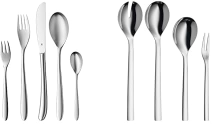 WMF Silk Besteck Set 12 Personen, Essbesteck 60 teilig, Monobloc-Messer & Nuova Servierteile Set 4-teilig, Salatbesteck, Servierlöffel, Serviergabel, Cromargan Edelstahl poliert, spülmaschinengeeignet