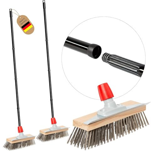 Novaliv 2X Robuster Drahtbürste mit Stiel - Stahlbesen mit 4-TLG Stiel, Effiziente Moosentfernung, Straßenbesen, für Pflastersteine & Garten, Stahlbesen, Mooskratzer, Pizzabesen, Pizzastein Bürste