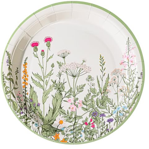 AimFun Wildblumen-Partyteller, 17,8 cm, Blumen-Pappteller, Frühling, Sommer, botanische grüne Blätter, Kräuter, Vintage-Garten, Einweg-Dessertteller, 24 Stück, Vintage-Blumenmuster