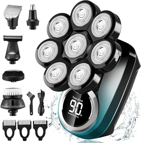 Lovcoyo Rasoir Tete Chauve Homme，Rasoir 8D Amélioré pour Hommes Chauves, rasoir électrique humide/sec étanche IPX7,6 en 1 Tondeuse Crane Chauve Rotative avec Écran LCD（Bleu）