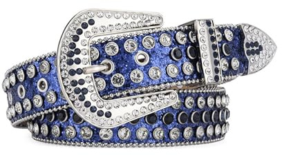 SANRLO Gürtel für Herren, Gürtel, Gürtel für Damen, glitzernder Gürtel, Jeans-Bund, Punk-Stil, Nietengürtel, moderner Bund für Straßenspieler, Club, Party, Blauer Diamant auf Blau, Length and width: