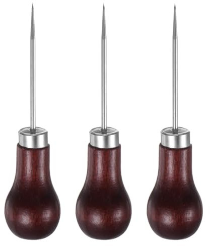 QUARKZMAN 3 Piezas Punzón de Costura A Mano Punzón de Calabaza Único Herramienta de Perforación de Cuero con Mango de Madera para Marcar Perforar Reparar Marrón Rojizo