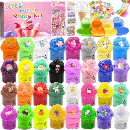 Vleuexe Slime Set with Mini 36 Pack Butter Slime Schleim,Slime Fun Charms,Fluffy schleim Set Putty Spielzeuge DIY Slime weich und dehnbar Geschenk zum Stressabbau für Jungen und Mädchen Party Favor