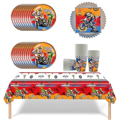 Fuwraixis Motocross Fiesta Vajilla,61 Piezas Niños Cumpleaños Vajilla, Servilleta Mantel Tazas y Platos Vajilla Set, Para bautizos de bebés y aniversarios, para 20 Personas