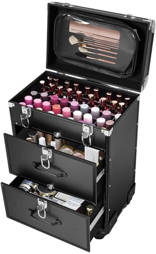 MINRS Maletín de Cosméticos con Ruedas Giratorias 360° para Maquillaje, Uñas y Peluquería, Maquillador y Manicura (Negro), 36 x 23 x 58 cm, Moderno