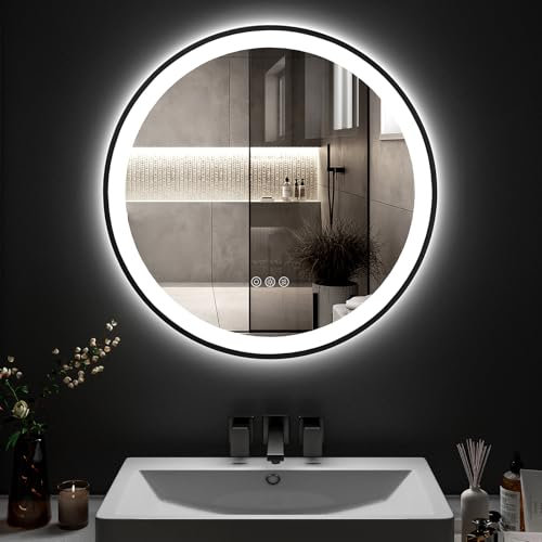 ChillCruiser Runder LED-Badezimmerspiegel 70cm mit schwarzem Rahmen beschlagfrei LED-Spiegel fürs Badezimmer kreisförmig beleuchteter Badezimmerspiegel für die Wand 3 Farben Memory