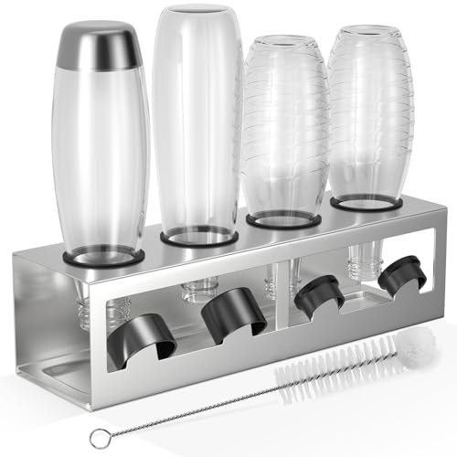 HOMMAND Bottle Holder For Sodastream Crystal And Emil Bottles, Steel Bottle Holder Drainer For 4 Bottles, With Silicone Protective Rings, Drip Pan And Lid Holder, Steel
