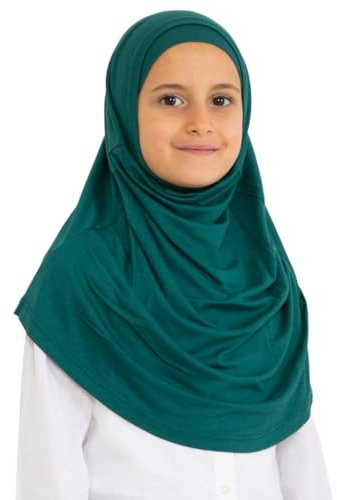 Prien lätt att bära hijab för flickor, muslimsk halsduk för barn, omedelbar hijabs för kvinnor, viskos barnhalsdukar för Ramadan Eid, Smaragd, one size