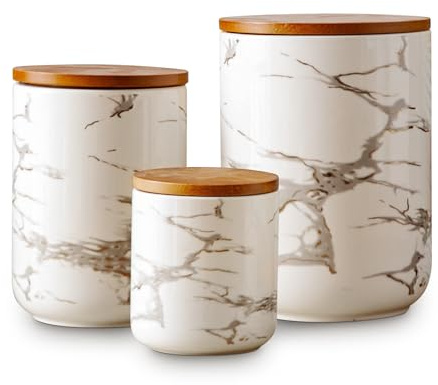 Tenforie White Canister Sets for Kitchen, 3pcs Ceramic Canisters with Airtight Wooden Lid, Marble Food Storage Jar, Large Kitchen Storage Containers for Serving Coffee Beans, Tea, Sugar, Salt, Spices