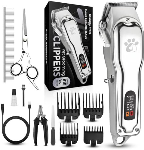 Dog Grooming Clippers Professional for Thick Hair, Full Metal Body Black Ceramic Blade LED Display Low Noise Rechargeable Cordless Dog Grooming Kit