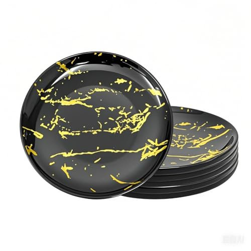 Loymokinar Elegantes platos de cerámica, platos llanos de porcelana negra con borde dorado, juego de 6, platos pequeños de 10 pulgadas, ideales para aperitivos, postres, ensaladas, vajilla de boda y