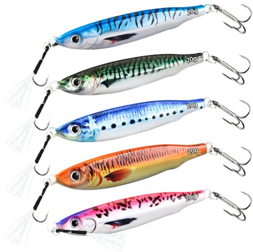 3D Stampa Affondamento Esche da Pesca, WASAGA 5pz 20g/30g/40g/60g/80g Metallo duro Acqua Salata e Acqua Dolce Spinner Pesce Esca per Basso e Sgombro & Jigging Lure