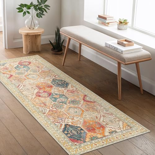 BEIMO Washable Rug 80x150cm Orange Non-Slip Boho Living Room Multi Jewel | Orange Rug, Boho Abstract, Washable, Non-slip, Low Pile for Living Room, Hallway, Bedside