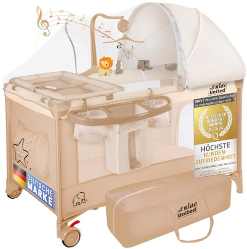 all Kids United® Baby Reisebett Babybett - Babycenter Kinderreisebett Kinderbett mit Matratze, Wickelauflage, Musikspiel und Mobile (Beige)