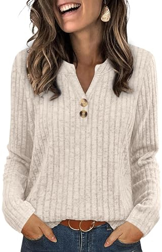 Aokosor Ladies V Neck Jumpers UK- Long Sleeve Tops for Women Ladies Button Lightweight Tunic Beige Size 22-24