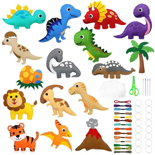 YAEGIMHT 16 Stück Nähset Kinder Set, Dinosaurier Filz Nähen Kits, Waldtiere DIY Filztiere Nähen Set, Anfänge Pädagogisches Nähset Kreative Geschenke für kinder Bastelset Kinder ab 6 7 8 9 10 Jahre