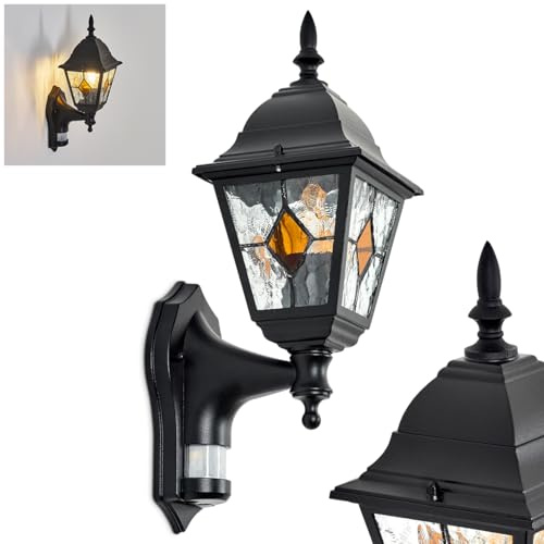 HOFSTEIN Außenwandleuchte Naofe, Außenwandlampe mit Bewegungsmelder aus Metall/Glas in Schwarz/Klar/Orange, Wandleuchte außen Vintage/Antik/Landhaus, E27, IP44, Garten, Hof, Außenbereich, Haustür