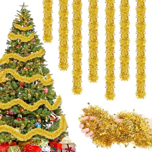 8 Stück x 2M Lametta Weihnachtsbaum Girlande Gold mit Stern, Weihnachtsbaum Girlande Gold Hängende Weihnachten deko Party Weihnachtsfeier Weihnachtsdekoration für Weihnachten Party