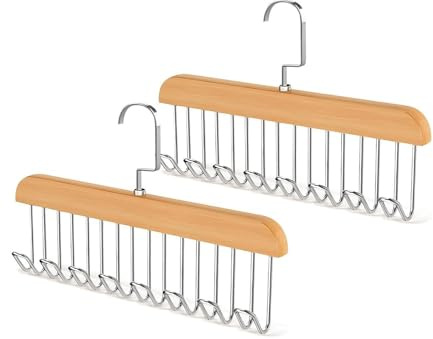 XinYangMao Organizador de Cinturones para Armario, 2 Piezas - Colgador de Madera con 8 Ganchos Giratorios 360° - para Corbatas, Bufandas, Sostenes y Trajes de Baño - Ahorra Espacio